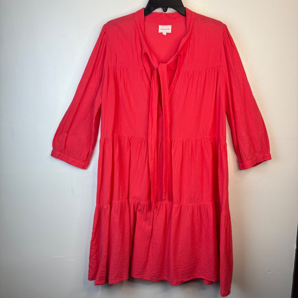 Honorine Giselle Double Gauze 3/4 Sleeves Tiered Dress Coral size L